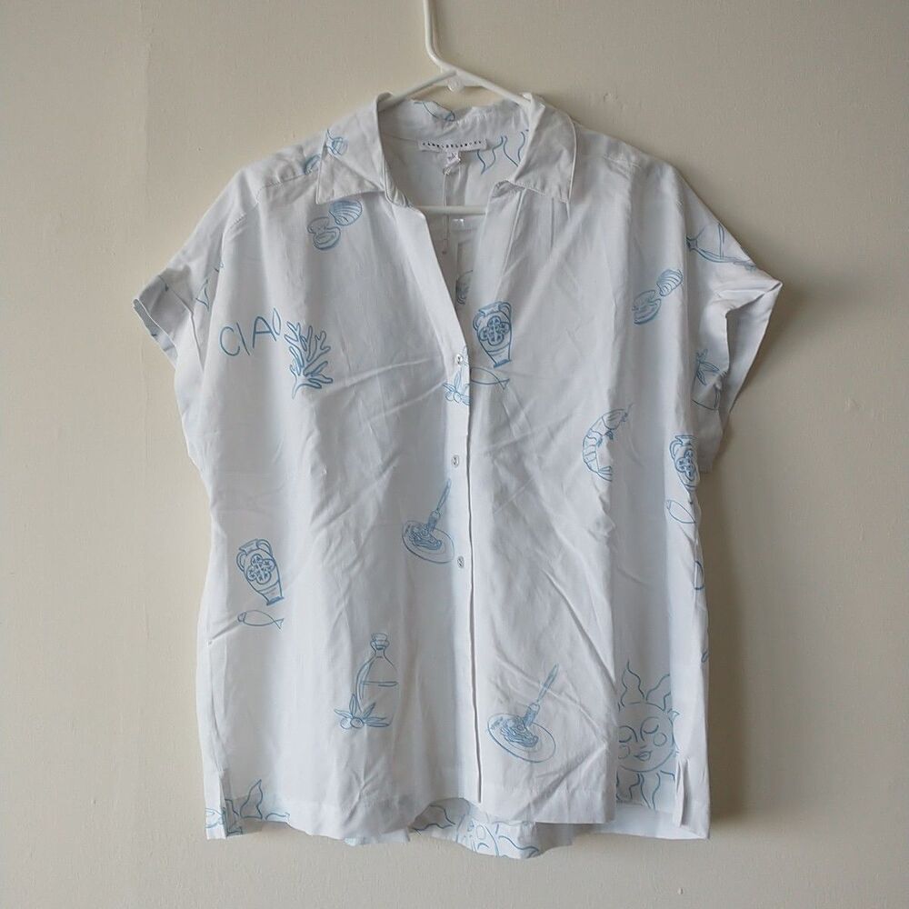 New Jane+Delany Blouse Shirt Women L White Novelty Button Rayon Nautical Boxy